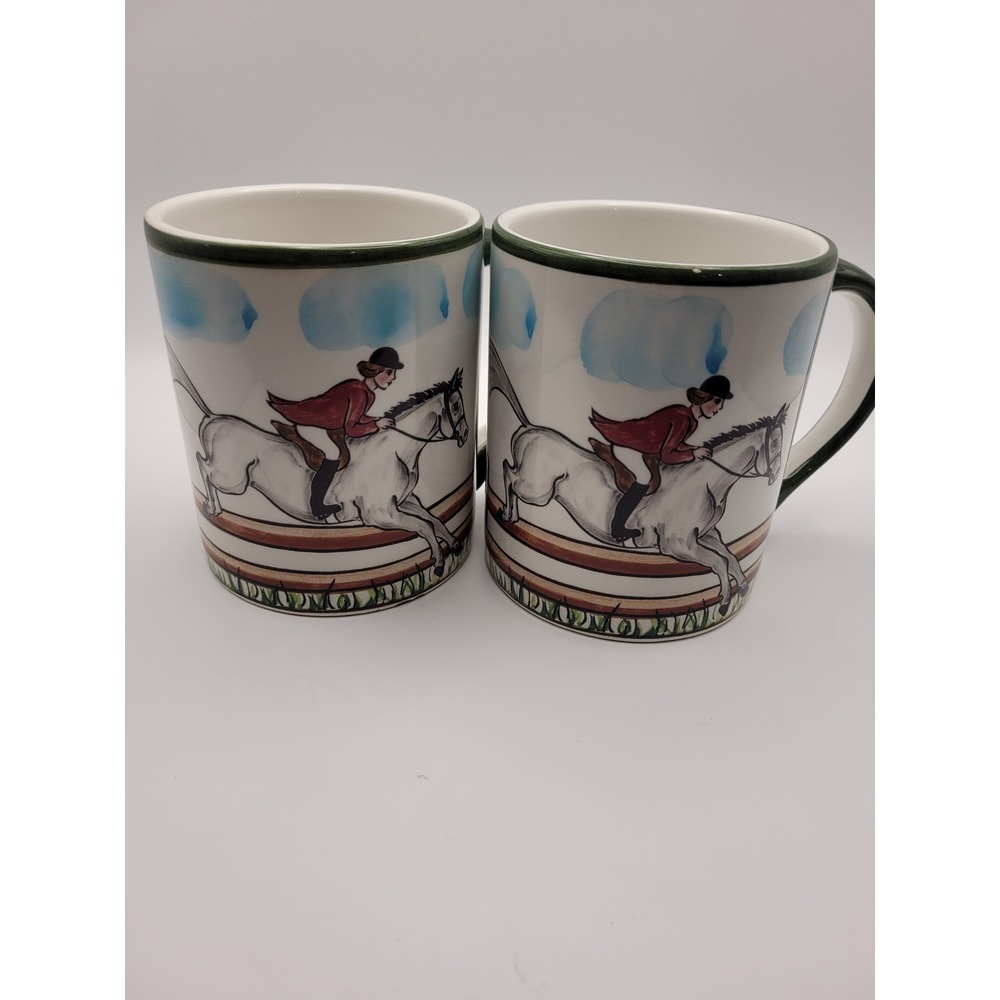 C.C. Corey Perfect Day Coffee Mugs Set of 2 White Green Equestrian Horse